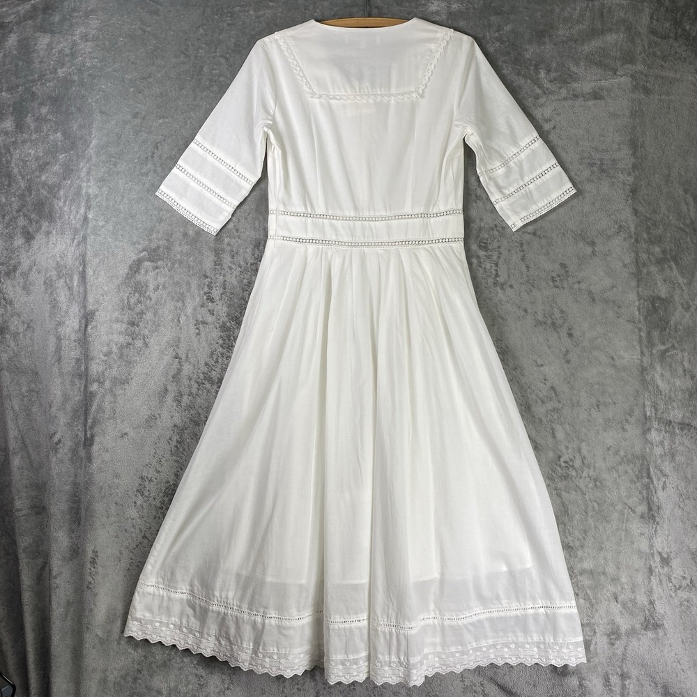 Simple Retro Dress Womens Size M White 100% Cotton Fiona Midi Cottage Lace Trim - Picture 11 of 16